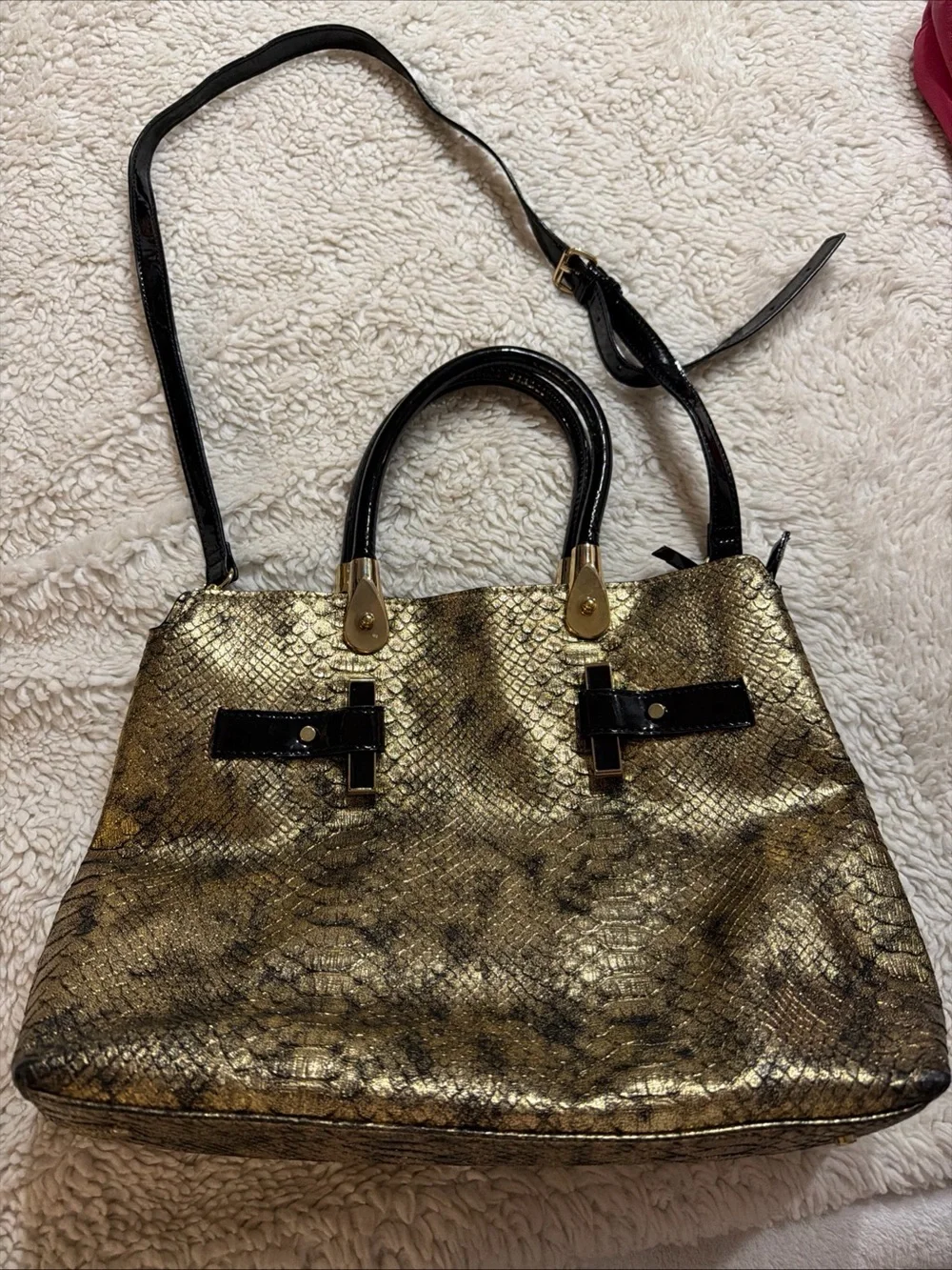 Gianni Bini Gold Snake-Texture Satchel Handbag with Black Accents